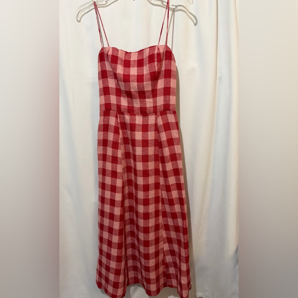 Reformation Christen Gingham Linen Midi Dress Size 2 NWT Red